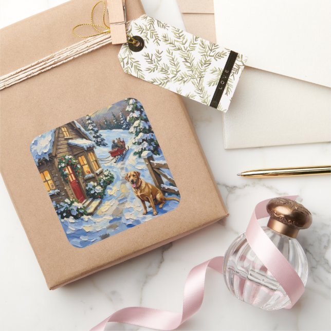 Pegatina Cuadrada Vintage Labrador Retriever Christmas Cottage (Regalar)