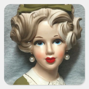 Pegatina Cuadrada Vintage Lady Head Vase Adolescente Chica Swirly Ha