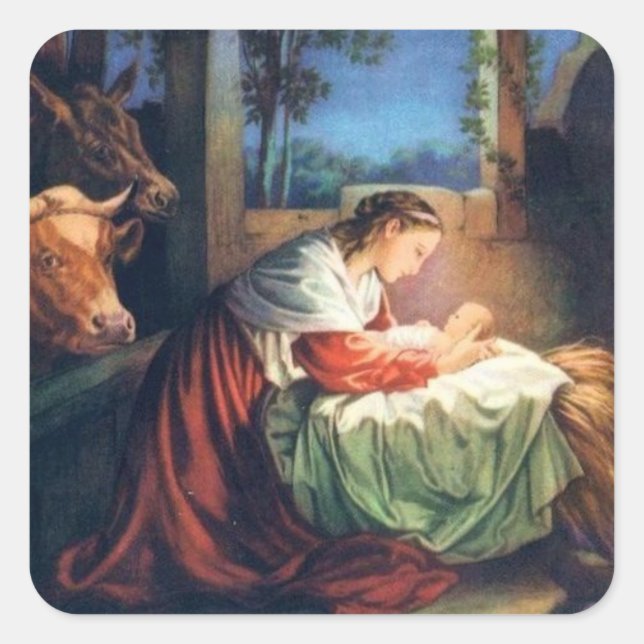 Pegatina Cuadrada Vintage Mary and Baby Jesus (Anverso)