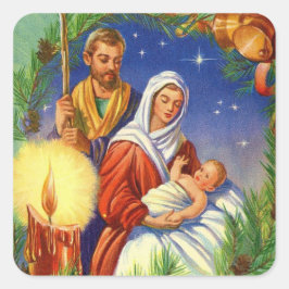 Pegatina Cuadrada Vintage Mary y Joseph con Navidades de Baby Jesus