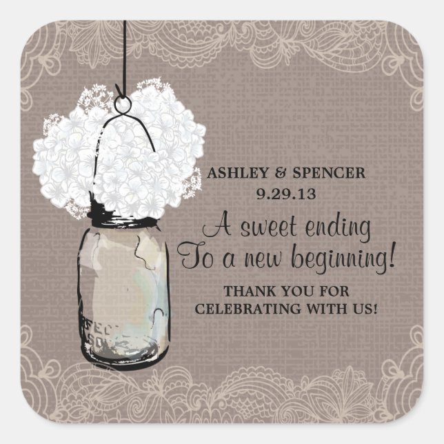 Pegatina Cuadrada Vintage Mason Jar e Hydrangeas (Anverso)