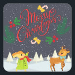 Pegatina Cuadrada Vintage Merry Christmas<br><div class="desc">Raider y conejo celebrando Navidades mientras la nieve caía en el bosque usan pegatinas para sus tarjetas o regalos. Puede agregar su propio diseño utilizando la plantilla. Compra el tuyo hoy haciendo clic en el enlace de la tienda.</div>