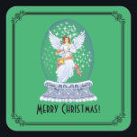 Pegatina Cuadrada Vintage Merry Christmas Angel Sparkling Snowglobe<br><div class="desc">Personalice este diseño navideño vintage con sus propios textos e imágenes. Ideal para enviar a familias lejanas o para fiestas de vacaciones.</div>