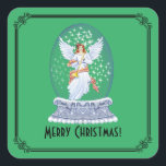 Pegatina Cuadrada Vintage Merry Christmas Angel Sparkling Snowglobe<br><div class="desc">Personalice este diseño navideño vintage con sus propios textos e imágenes. Ideal para enviar a familias lejanas o para fiestas de vacaciones.</div>