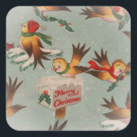 Pegatina Cuadrada Vintage Merry Christmas Birds<br><div class="desc">El retro lindo deslumbra vestidos como humanos en una variedad de poses. Un pájaro pequeño con una bufanda se cuelga sobre una caja de correo de "Feliz Navidad".</div>