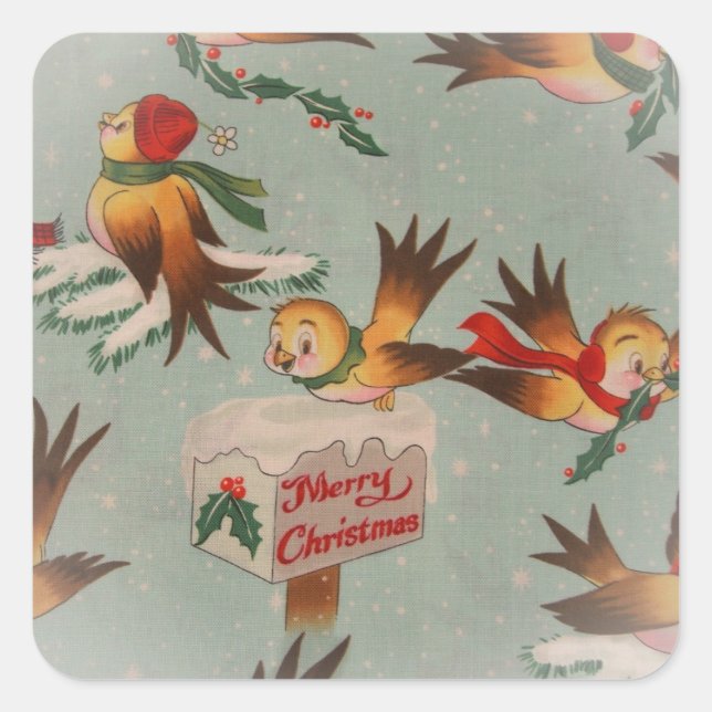 Pegatina Cuadrada Vintage Merry Christmas Birds (Anverso)