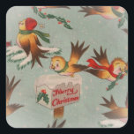 Pegatina Cuadrada Vintage Merry Christmas Birds<br><div class="desc">El retro lindo deslumbra vestidos como humanos en una variedad de poses. Un pájaro pequeño con una bufanda se cuelga sobre una caja de correo de "Feliz Navidad".</div>