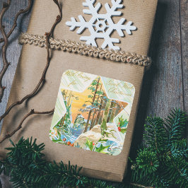 Pegatina Cuadrada Vintage Merry Christmas Holly Red Berries Festivid