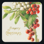 Pegatina Cuadrada Vintage Merry Christmas Red & White Holly Berries<br><div class="desc">Vintage Feliz Navidad Red & White Holly Berries Tarjeta de vacaciones.</div>