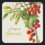 Pegatina Cuadrada Vintage Merry Christmas Red & White Holly Berries<br><div class="desc">Vintage Feliz Navidad Red & White Holly Berries Tarjeta de vacaciones.</div>