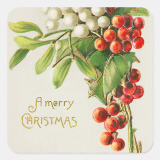 Pegatina Cuadrada Vintage Merry Christmas Red & White Holly Berries