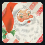 Pegatina Cuadrada Vintage Merry Christmas Retro Santa Claus<br><div class="desc">gráfico de vacaciones retro capeado con la cara de Papá Noel sobre un fondo de cinta rayada de caramelo rojo y blanco,  y texto verde que dice "FELIZ NAVIDAD"</div>