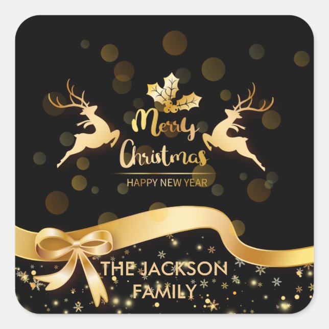 Pegatina Cuadrada Vintage Merry Christmas Santa Sleigh Reindeer (Anverso)