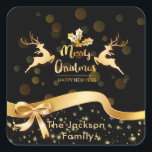 Pegatina Cuadrada Vintage Merry Christmas Santa Sleigh Reindeer<br><div class="desc">Script Merry Christmas Red Holiday Card</div>