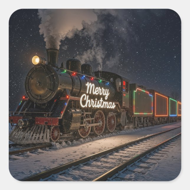 Pegatina Cuadrada Vintage Merry Christmas Train In Snow (Anverso)