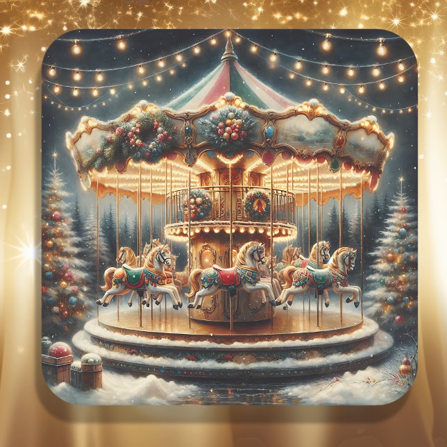 Pegatina Cuadrada Vintage Merry-Go-Round Navideño Caprichoso (Subido por el creador)