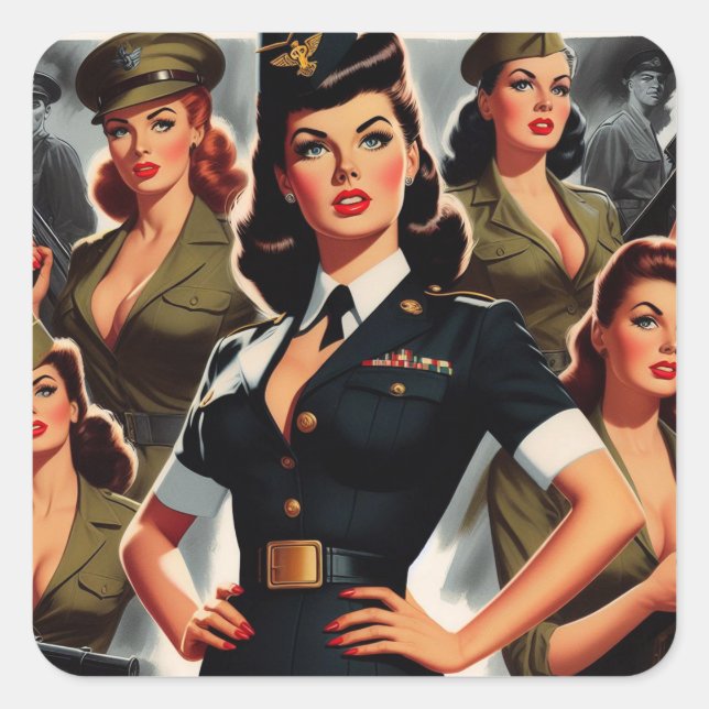 Pegatina Cuadrada Vintage Military Pin-up (Anverso)