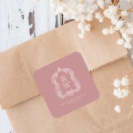 Pegatina Cuadrada Vintage Monogram Crest Names Dusty Rose Wedding
