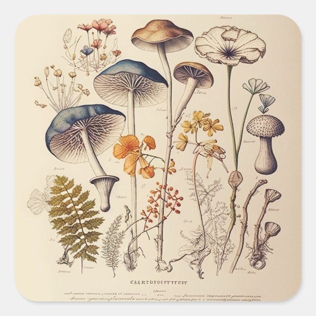 Pegatina Cuadrada Vintage Mushroom Naturalist (Anverso)