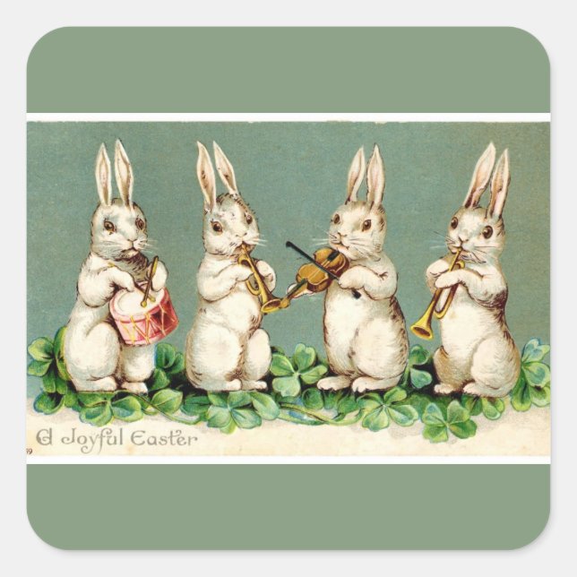 Pegatina Cuadrada Vintage Musical Easter Bunnies Green (Anverso)