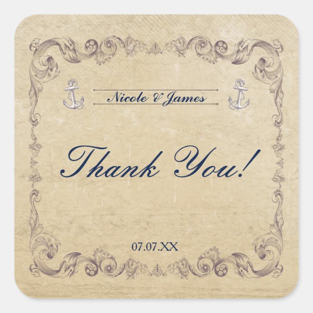 Pegatina Cuadrada Vintage Nautical Elegant Beach Wedding Pegatinas (Anverso)