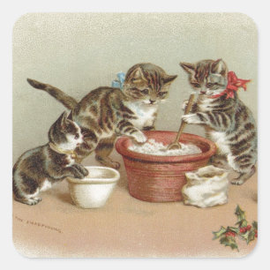 Pegatina Cuadrada Vintage Navidad Gatos Gatitos Haciendo Pudding