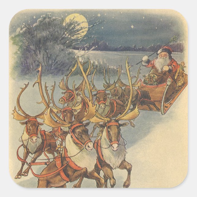Pegatina Cuadrada Vintage Navidad Santa Claus Sleigh con renos (Anverso)