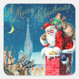 Pegatina Cuadrada Vintage navidad victoriano Papá Noel en la chimene