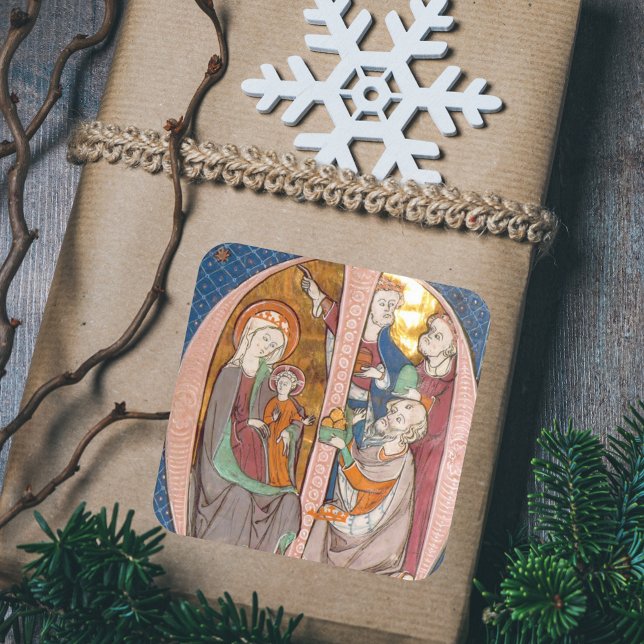 Pegatina Cuadrada Vintage Navidades religiosos Epifanía Natividad (Medival Manuscript Vintage Religious Catholic Christian Christmas Epiphany Nativity Gift Sticker )