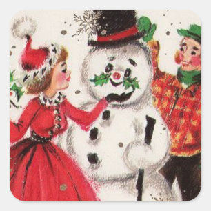 Pegatina Cuadrada Vintage navideño con familia