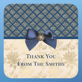 Pegatina Cuadrada Vintage Navy Gold Damask Look Gracias con Nombre