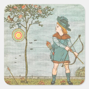 Pegatina Cuadrada Vintage Nursery Rhyme Art Boy con Bow & Arrow