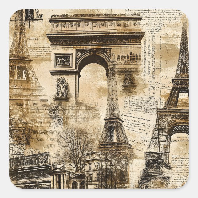 Pegatina Cuadrada Vintage Paris French Landmark Pattern (Anverso)