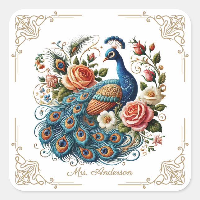 Pegatina Cuadrada Vintage Peacock Bird Flor (Anverso)