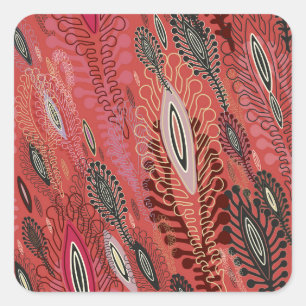 Pegatina Cuadrada Vintage Peafowl Rojo Decorativo Patrón de Seamless