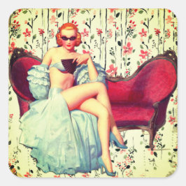 Pegatina Cuadrada Vintage pin up chica retro sureño bello pelirrojo