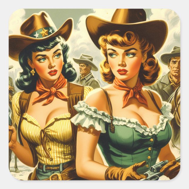 Pegatina Cuadrada Vintage Pin-up Cowgirls (Anverso)
