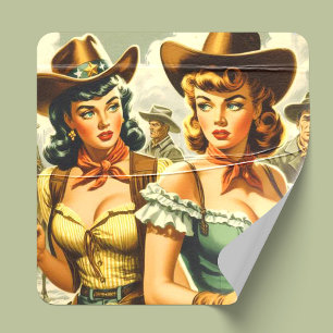 Pegatina Cuadrada Vintage Pin-up Cowgirls