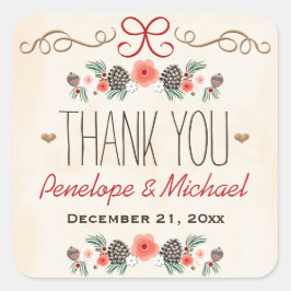 Pegatina Cuadrada Vintage Pine Cone Navidades Boda Gracias