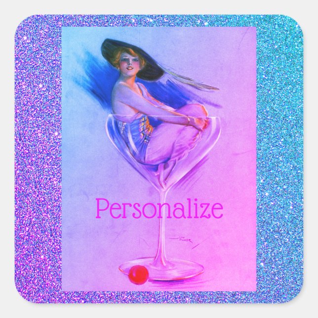Pegatina Cuadrada Vintage pinup chica sucio martini (Anverso)