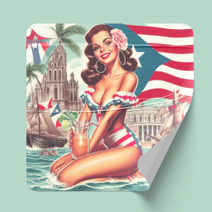 Pegatina Cuadrada Vintage Puerto Rico Pin Up