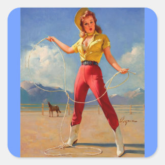 Pegatina Cuadrada Vintage Ranch Western Pin up chica