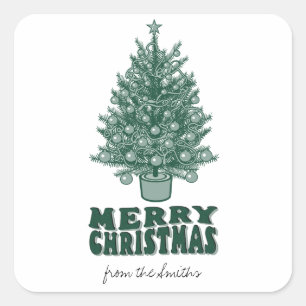 Pegatina Cuadrada Vintage Retro Greenery Feliz Navidad no foto