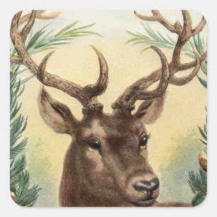 Pegatina Cuadrada Vintage Retro Reindeer Deer Navidades