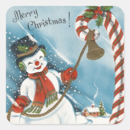 Pegatina Cuadrada Vintage Retro Sonriente Feliz Navidad Snowman