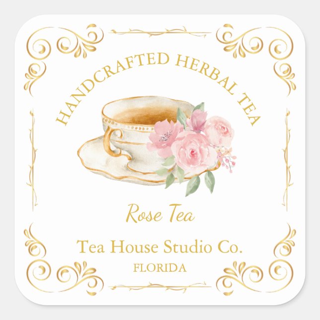 Pegatina Cuadrada Vintage Rose Tea Square Label (Anverso)