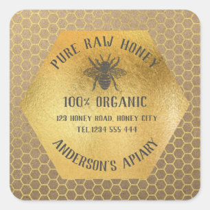 Pegatina Cuadrada Vintage rústico Kraft apariencia abeja peine miel