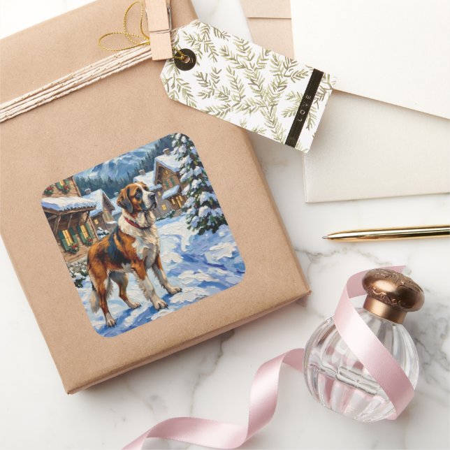 Pegatina Cuadrada Vintage Saint Bernard Alpine Christmas Painting (Regalar)