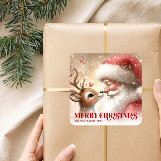 Pegatina Cuadrada Vintage Santa and Rudolph Personalized Holiday  (Vintage Santa and Rudolph Personalized Holiday Sticker)