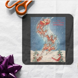 Pegatina Cuadrada Vintage Santa Claus Sleigh y el reno volando